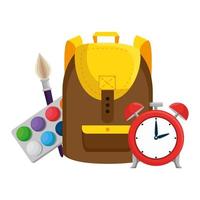 mochila con reloj despertador y suministros de pintura vector