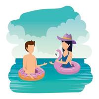 young couple with swimsuit on the sea characters vector