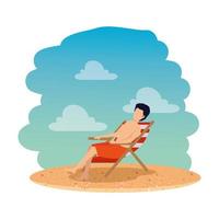 Joven con traje de baño sentado en una silla en la playa. vector