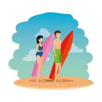 young couple with swimsuit and surfboard on the beach vector