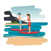 happy athletic couple practicing surf in the sea vector