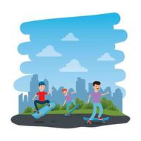 happy young boys in skateboard on the park with road vector