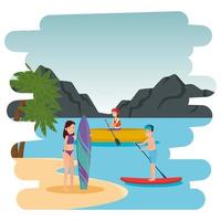 couple practicing surf sport and kayak on the beach vector