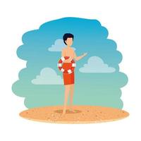 young man with swimsuit and float on the beach vector