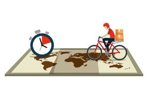 worker of delivery service in bicycle with chronometer and map vector