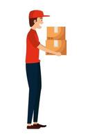 worker of delivery service lifting carton box vector