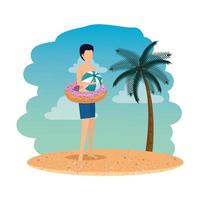 young man with float donut and balloon plastic on the beach vector