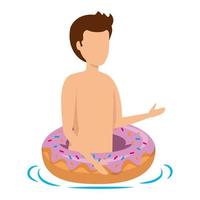 joven con traje de baño y donut flotante vector