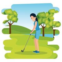 happy athletic girl practicing golf in the camp vector