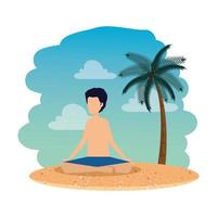 young man with swimsuit practicing yoga on the beach vector