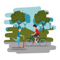 happy athletic boys ride bike and skateboard on the park vector