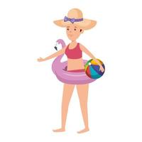 Feliz niña con flotador flamenco y juguetes de playa con globos vector