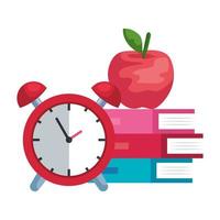 pile textbooks with alarm clock and apple vector