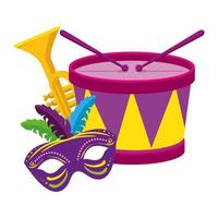 Isolated mardi gras drum trumpet and mask vector design