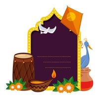 tarjeta de invitación de celebración india con iconos de conjunto vector