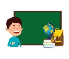 happy student boy with chalkboard and world map vector