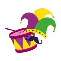 Sombrero de mardi gras aislado bigote y diseño vectorial de tambor vector