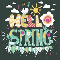 Hello spring cartoon vector lettering