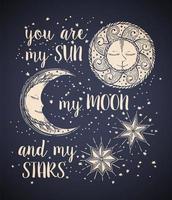 Hand drawn Sun, Moon and Stars in vintage style vector