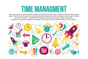 Time management stitched frame flat illustrations set vector