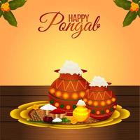 Creative Pongal background with banana leafs and mud pot vector