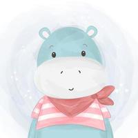 Cute hippo illustration in watercolor style vector