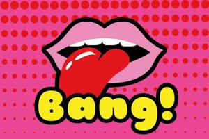 mouth with tongue out and bang word pop art style icon vector