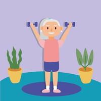 old woman lifting dumbbells, active senior character vector