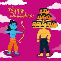 happy dussehra lettering with lord rama and ravana demon vector
