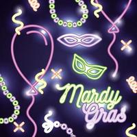 cartel de celebración de mardi grass con luces de neón y máscaras vector