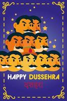 Feliz celebración de dussehra con el demonio ravana de diez cabezas en fondo púrpura vector