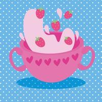 linda postal kawaii con jugo de fresa en una taza vector