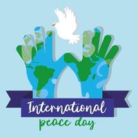 International Day of Peace lettering with hands and dove flying vector