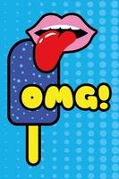 mouth with tongue out and ice cream pop art style icon vector