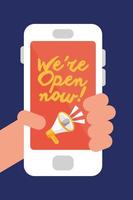 hand user with we are open now re opening lettering in smartphone vector