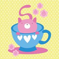 linda postal kawaii con gato en una taza vector