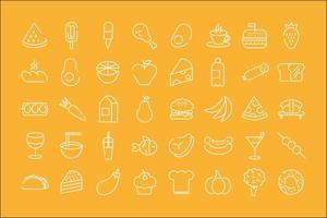 bundle of forty food icons in a yellow background vector