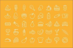 Paquete de cuarenta iconos de comida en un fondo amarillo vector