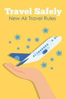 travel safely campaign lettering poster with hand lifting airplane flying and covid19 particles vector