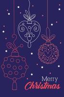 happy merry christmas celebration card with balls line style in blue background vector