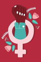 cartel de poder femenino con mano afro en puño con símbolo de género femenino vector