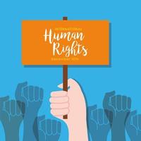 Letras de la campaña de derechos humanos en banner con manos protestando vector