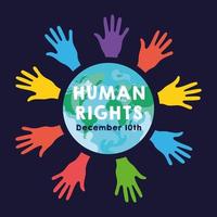 Human rights campaign lettering with hand prints and planet Earth vector