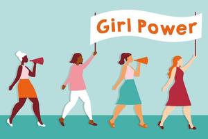 Girl power poster with interracial girls protesting with banner vector