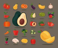 paquete de veinticuatro frutas y verduras frescas, iconos de alimentos saludables vector