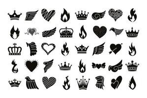 bundle of icons with wings, flames, hearts, and crowns vector