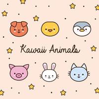 paquete de animales kawaii con estrellas y línea de letras y estilo de relleno vector