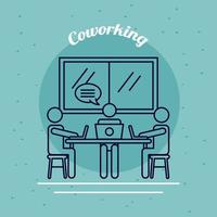 tres trabajadores con computadoras portátiles y bocadillo, estilo de línea de coworking vector