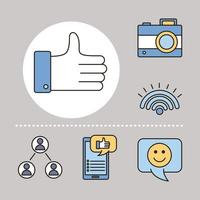 bundle of six social media line and fill style icons vector