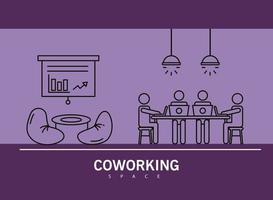 cuatro trabajadores en mesa con computadoras portátiles, estilo de línea de coworking vector